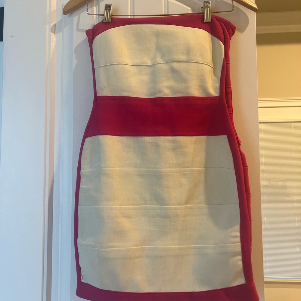Wow Couture, pink and white bandage dress with cut out back.